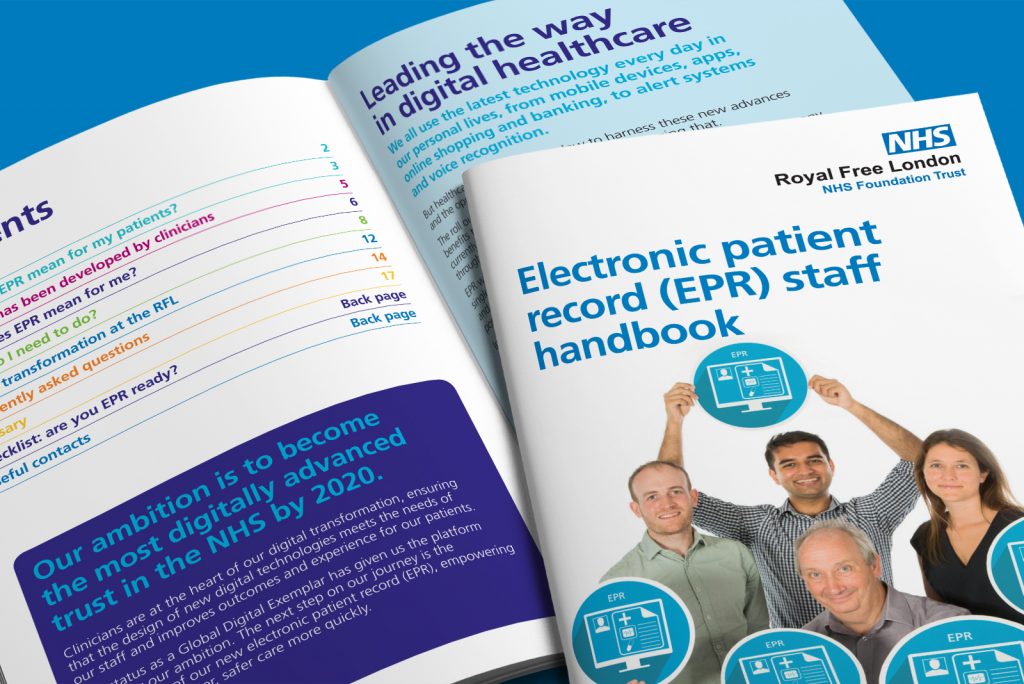 Royal Free Hospital Electronic Patient Record (EPR) staff handbook cover and spread
